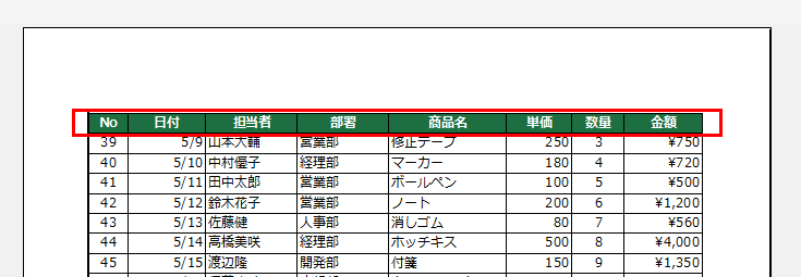 印刷プレビューで2ページ目に見出しが表示された状態