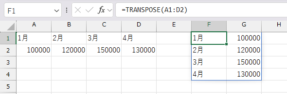 TRANSPOSEで横のデータが縦に並ぶ