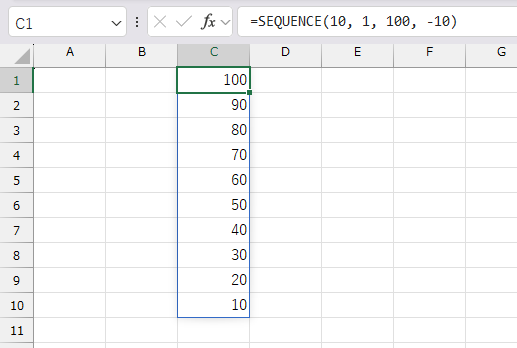 100から-10ずつ減って10個出力