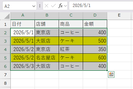 行全体が色塗りされた結果