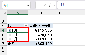日付のエリアにアクティブセルを置く